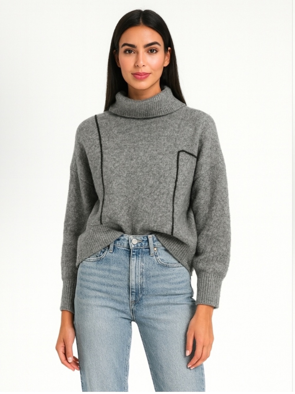 Zara Gray Turtleneck Sweater with Contrast Trim